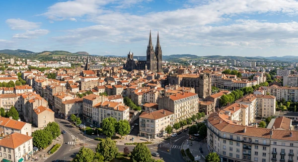 Photographie de la cathédrale de Clermont-Ferrand ou du skyline de Clermont-Ferrand avec ses bâtiments caractéristiques, capturée en conditions réelles de jour, montrant clairement l'identité visuelle de la ville. L'image doit être une photographie réelle de qualité professionnelle, claire et reconnaissable, sans texte ni logo.